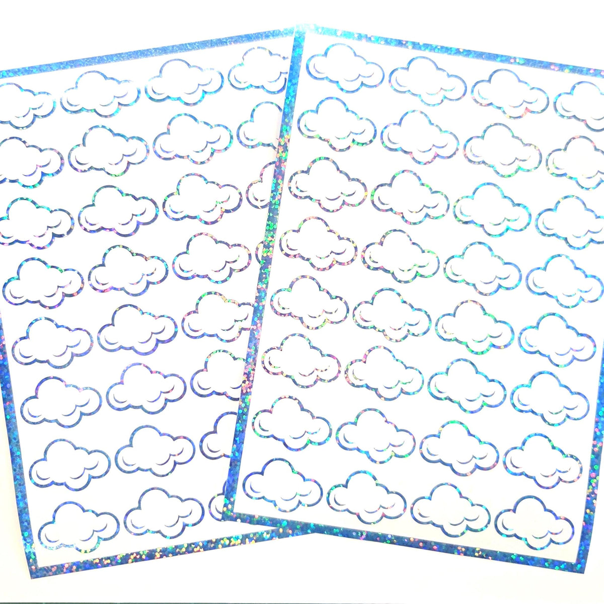 White Cloud Stickers, sheet of 32 sparkly vinyl decals, perfect for a weather tracker or a fun school science project. Silver Lining.