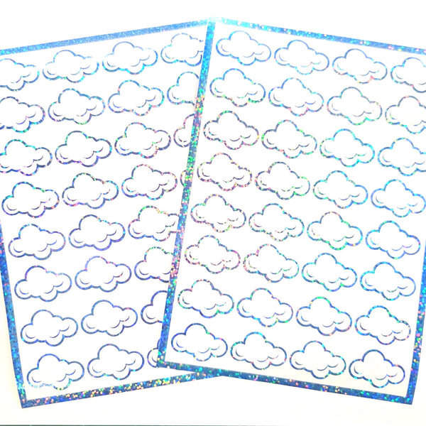 White Cloud Stickers, sheet of 32 sparkly vinyl decals, perfect for a weather tracker or a fun school science project. Silver Lining.