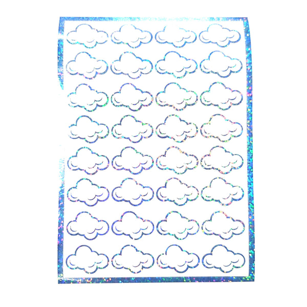 White Cloud Stickers, sheet of 32 sparkly vinyl decals, perfect for a weather tracker or a fun school science project. Silver Lining.