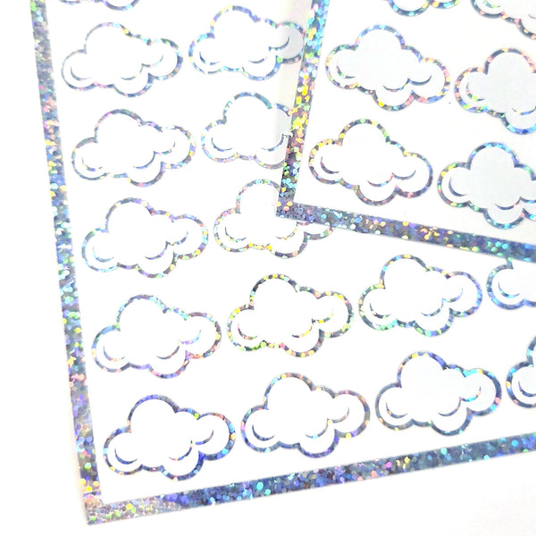 White Cloud Stickers, sheet of 32 sparkly vinyl decals, perfect for a weather tracker or a fun school science project. Silver Lining.