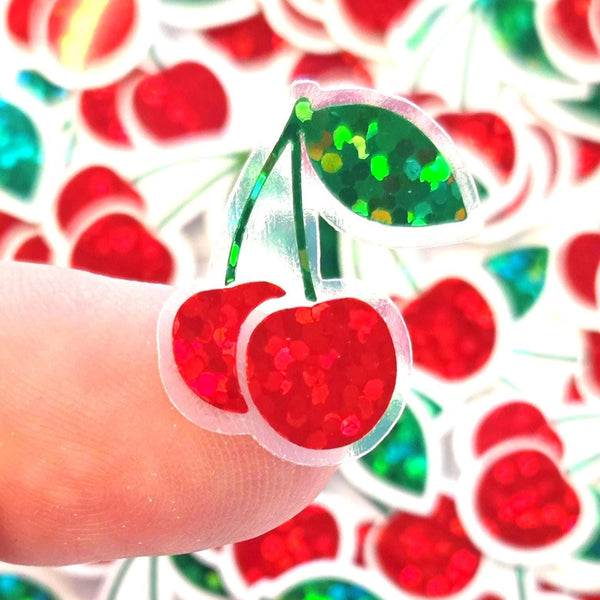 Mini Cherry Fruit Stickers, Waterproof Die Cut Glitter Vinyl Decals, Peel & Stick, choose amount