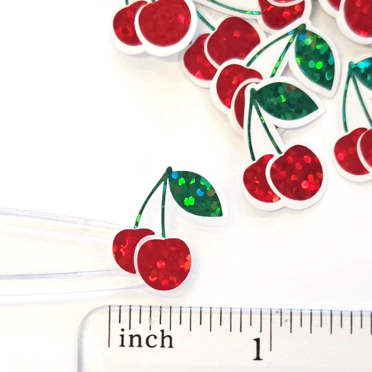 Mini Cherry Fruit Stickers, Waterproof Die Cut Glitter Vinyl Decals, Peel & Stick, choose amount