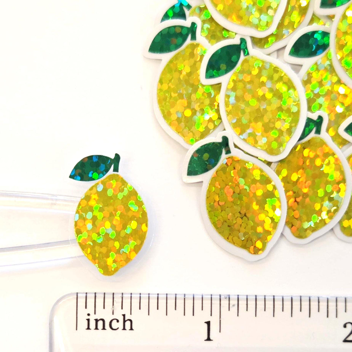 Mini Lemon Fruit Stickers, Waterproof Die Cut Glitter Vinyl Decals, Peel & Stick, choose amount