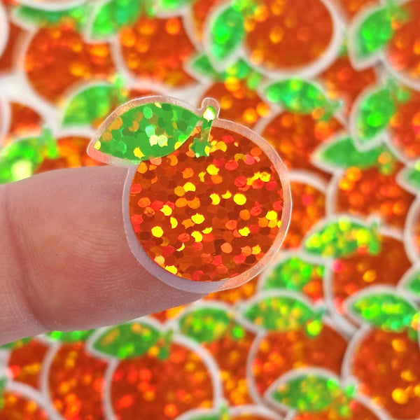 Mini Orange Fruit Stickers, Waterproof Die Cut Glitter Vinyl Decals, Peel & Stick, choose amount
