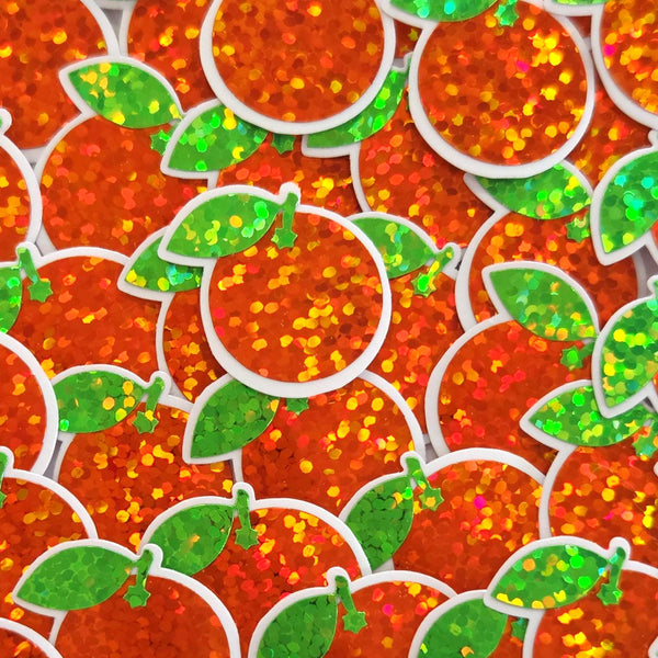 Mini Orange Fruit Stickers, Waterproof Die Cut Glitter Vinyl Decals, Peel & Stick, choose amount