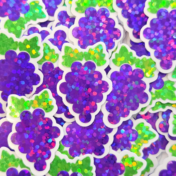 Mini Purple Grapes Fruit Stickers, Waterproof Die Cut Glitter Vinyl Decals, Peel & Stick, choose amount