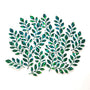 A collection of green leaf-shaped embellishments with glitter accents. Each leaf has a clear outline.