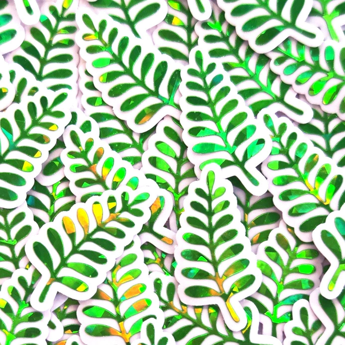 Mini Fern Frond Stickers, Waterproof Die Cut Glitter Vinyl Decals, Peel & Stick, choose amount