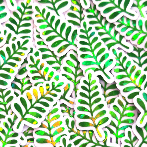Mini Fern Frond Stickers, Waterproof Die Cut Glitter Vinyl Decals, Peel & Stick, choose amount