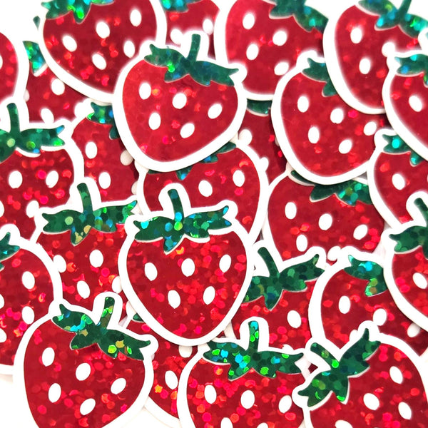 Strawberry Fruit Stickers, Waterproof Die Cut Glitter Vinyl Decals, Peel & Stick, choose amount