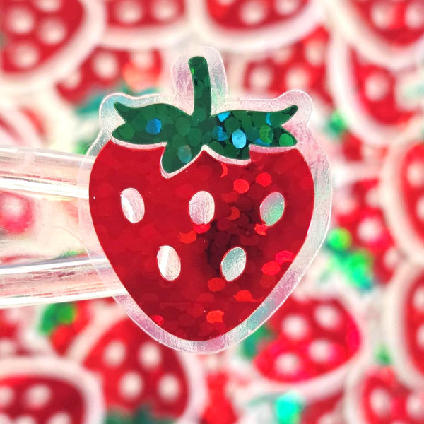 Strawberry Fruit Stickers, Waterproof Die Cut Glitter Vinyl Decals, Peel & Stick, choose amount