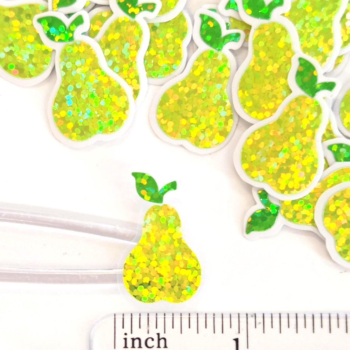 Pear Fruit Stickers, 10 Waterproof Die Cut Glitter Vinyl Decals, Peel & Stick, choose amount