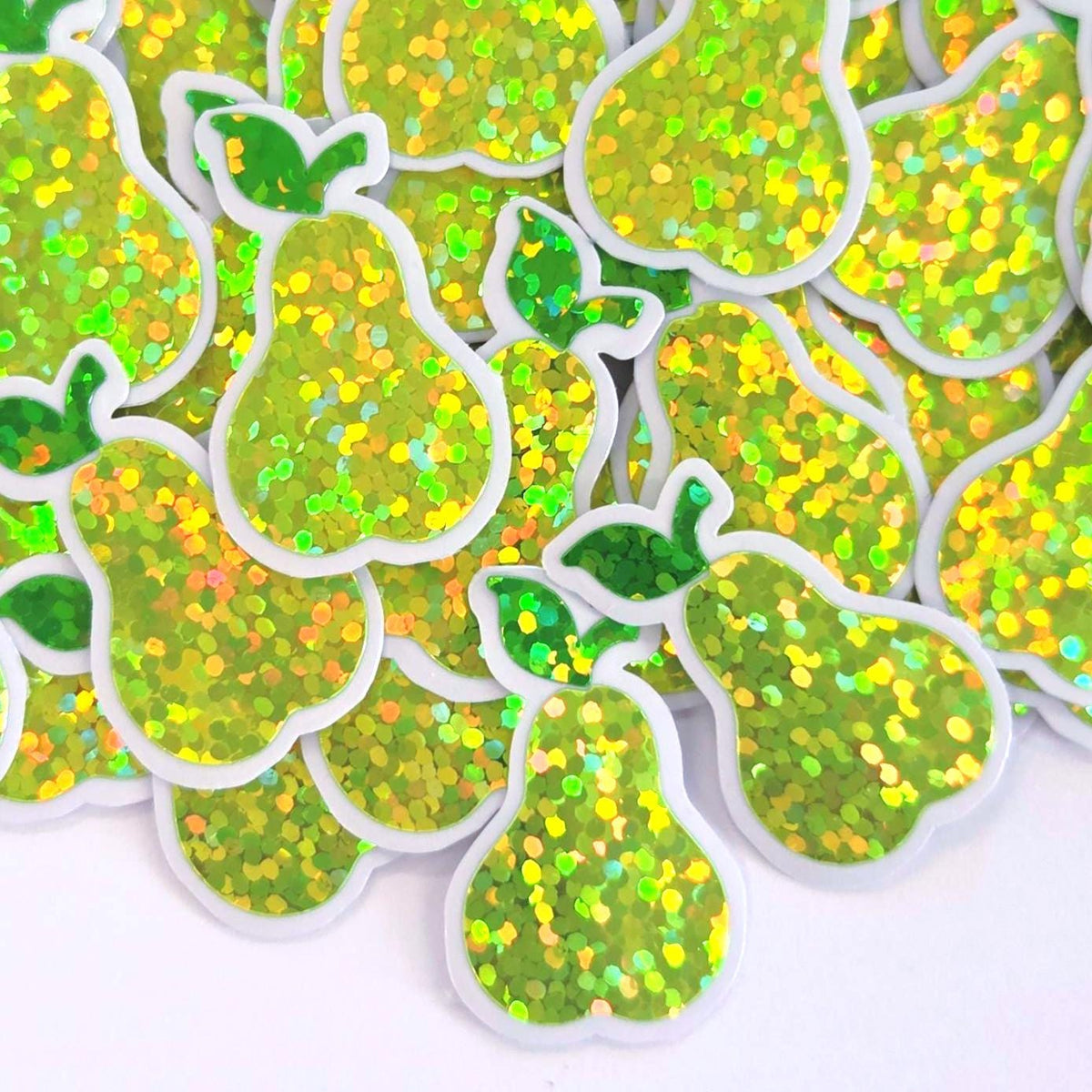 Pear Fruit Stickers, 10 Waterproof Die Cut Glitter Vinyl Decals, Peel & Stick, choose amount