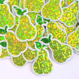Pear Fruit Stickers, 10 Waterproof Die Cut Glitter Vinyl Decals, Peel & Stick, choose amount