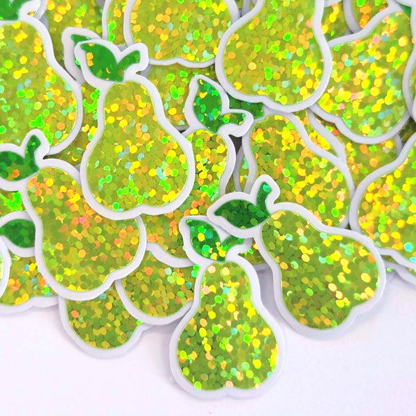 Pear Fruit Stickers, 10 Waterproof Die Cut Glitter Vinyl Decals, Peel & Stick, choose amount