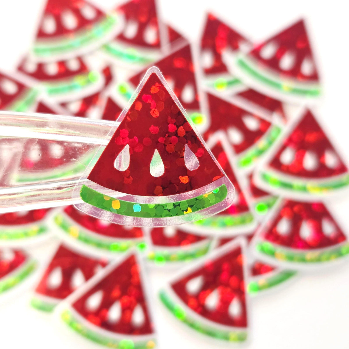 Mini Red Watermelon Fruit Stickers, 10 Waterproof Die Cut Glitter Vinyl Decals, Peel & Stick, choose amount