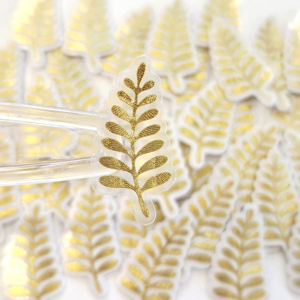 Mini Gold Fern Leaf Stickers, Waterproof Die Cut Vinyl Decals, Peel & Stick, choose amount
