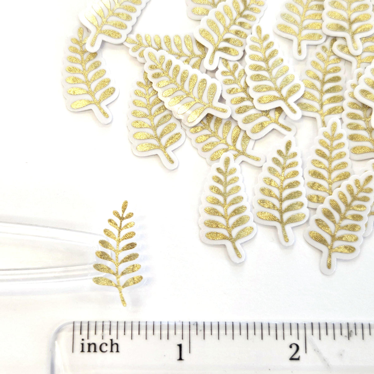 Mini Gold Fern Leaf Stickers, Waterproof Die Cut Vinyl Decals, Peel & Stick, choose amount