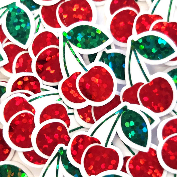 Mini Cherry Fruit Stickers, Waterproof Die Cut Glitter Vinyl Decals, Peel & Stick, choose amount