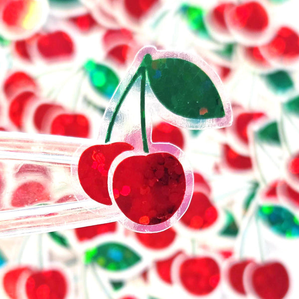 Mini Cherry Fruit Stickers, Waterproof Die Cut Glitter Vinyl Decals, Peel & Stick, choose amount