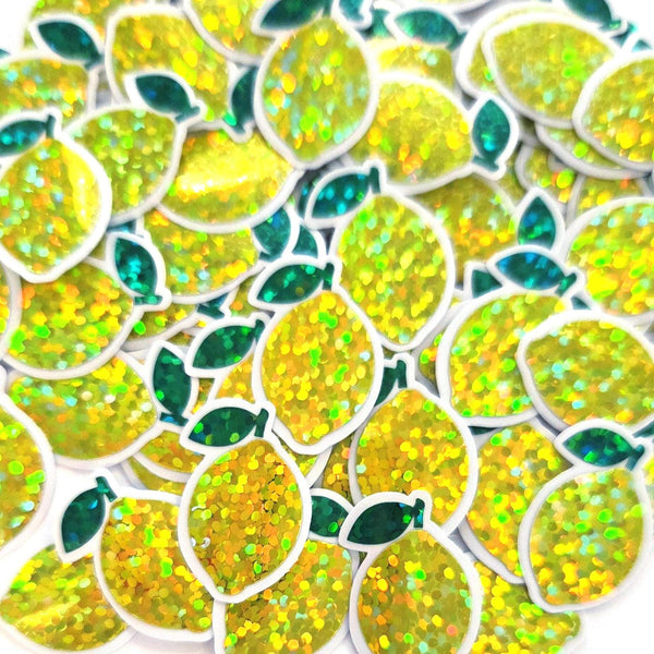 Mini Lemon Fruit Stickers, Waterproof Die Cut Glitter Vinyl Decals, Peel & Stick, choose amount