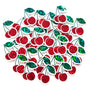 May include: A collection of red cherry-shaped sticker embellishments with clear outlines. The cherries have a glittery texture, and the leaves are green with a shimmering, iridescent effect. These decorative elements are scattered against a white background.