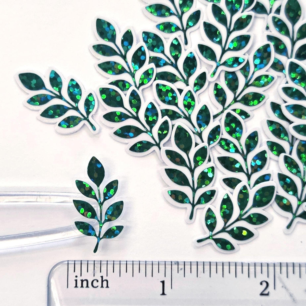 Mini Leaf Stickers, Waterproof Die Cut Glitter Vinyl Decals, Peel & Stick, choose amount