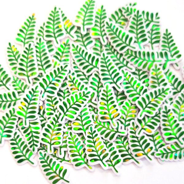 Mini Fern Frond Stickers, Waterproof Die Cut Glitter Vinyl Decals, Peel & Stick, choose amount