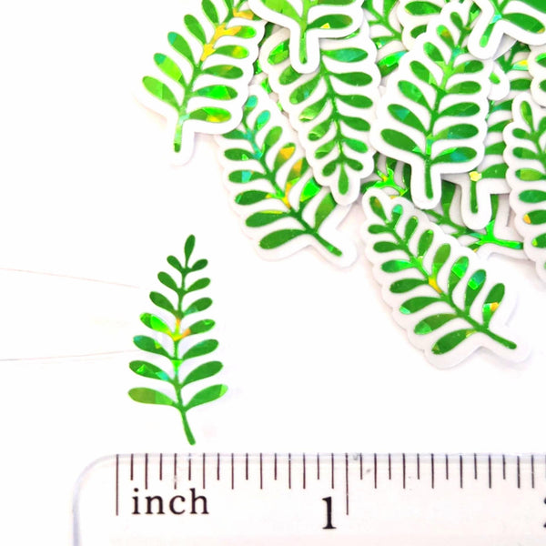 Mini Fern Frond Stickers, Waterproof Die Cut Glitter Vinyl Decals, Peel & Stick, choose amount