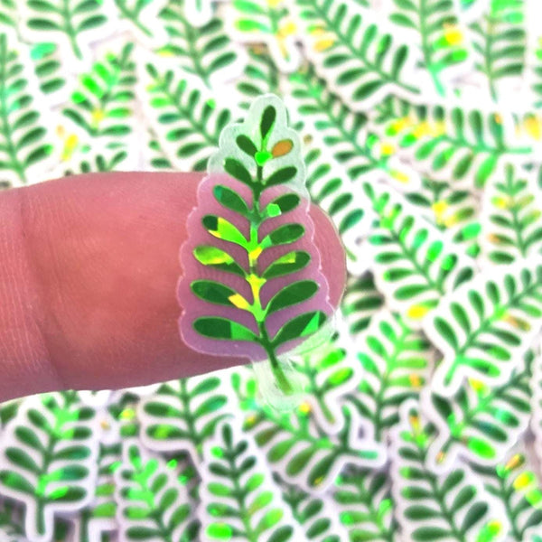Mini Fern Frond Stickers, Waterproof Die Cut Glitter Vinyl Decals, Peel & Stick, choose amount