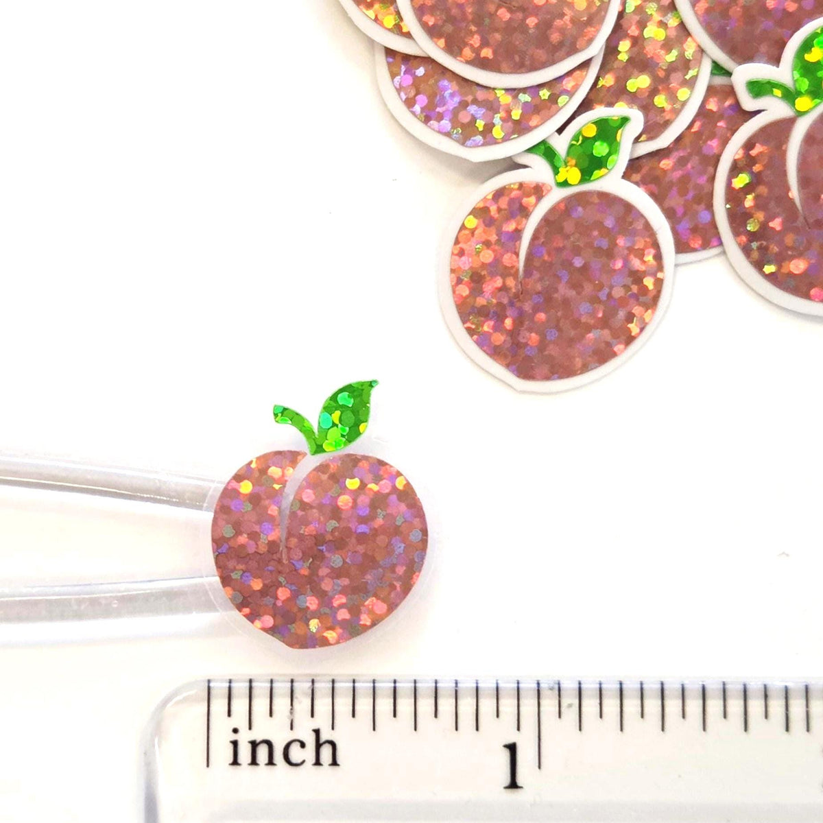 Mini Peach Fruit Stickers, Waterproof Die Cut Glitter Vinyl Decals, Peel & Stick, choose amount