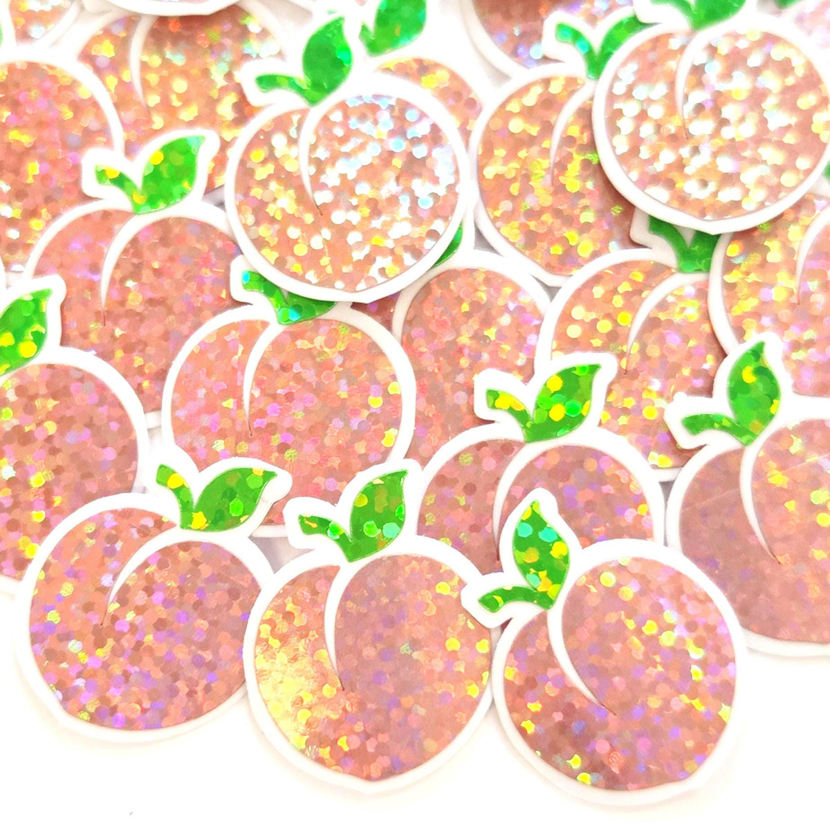Mini Peach Fruit Stickers, Waterproof Die Cut Glitter Vinyl Decals, Peel & Stick, choose amount