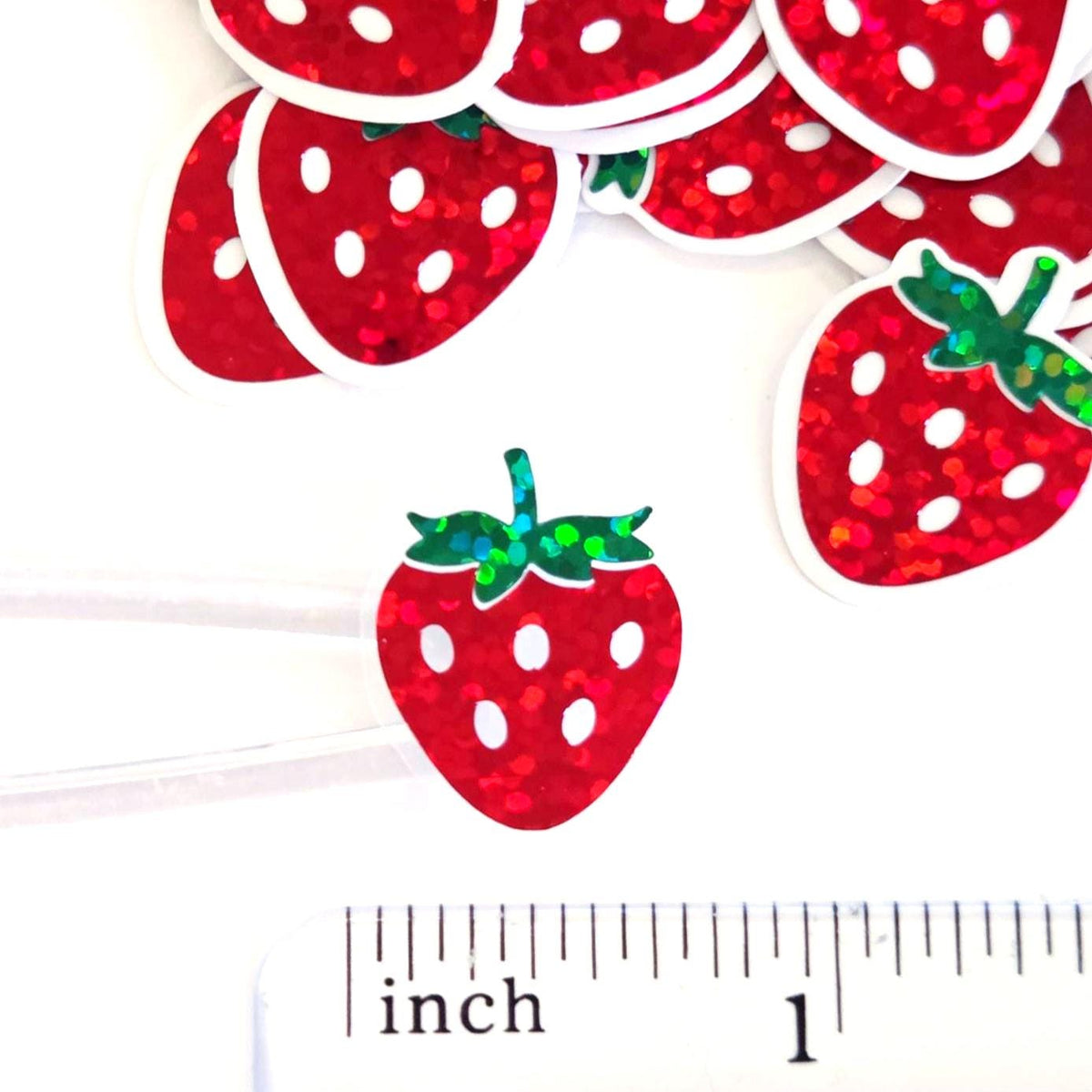 Strawberry Fruit Stickers, Waterproof Die Cut Glitter Vinyl Decals, Peel & Stick, choose amount