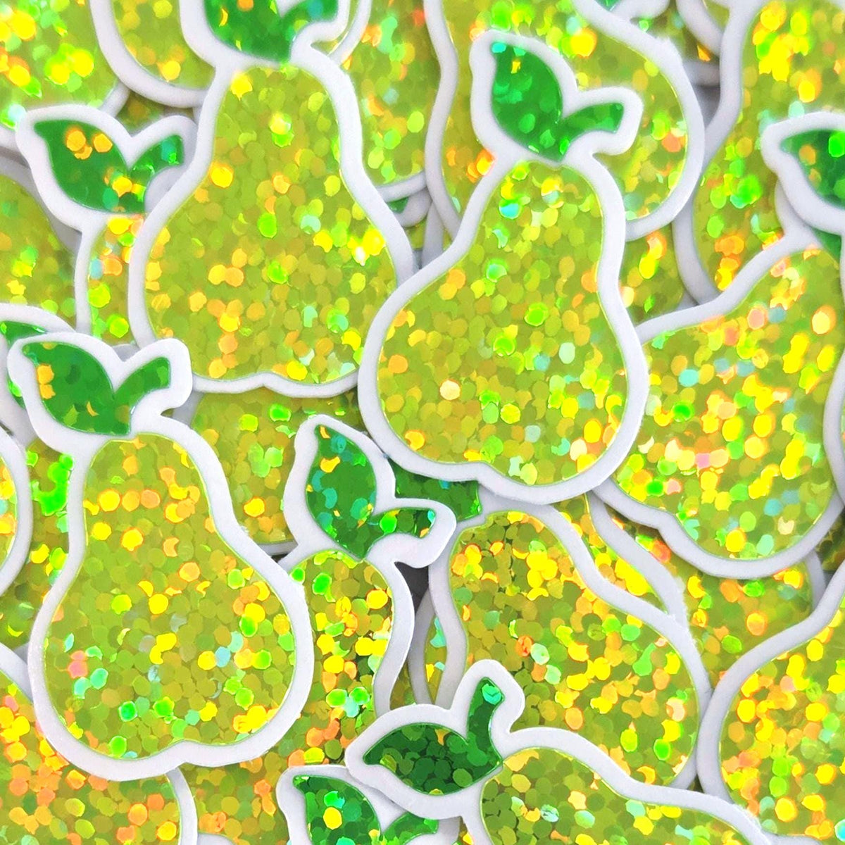 Pear Fruit Stickers, 10 Waterproof Die Cut Glitter Vinyl Decals, Peel & Stick, choose amount
