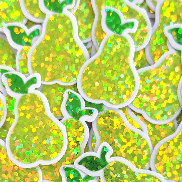 Pear Fruit Stickers, 10 Waterproof Die Cut Glitter Vinyl Decals, Peel & Stick, choose amount