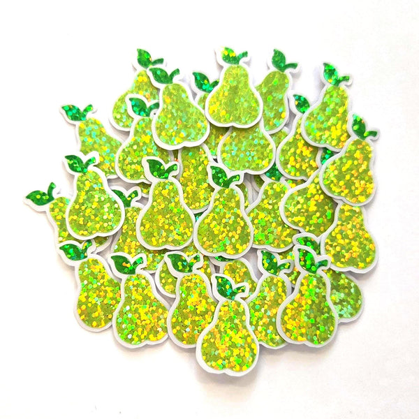 Pear Fruit Stickers, 10 Waterproof Die Cut Glitter Vinyl Decals, Peel & Stick, choose amount