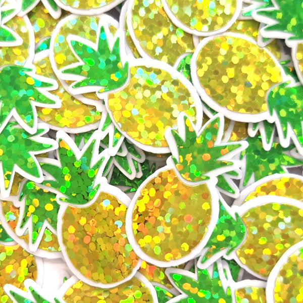 Mini Pineapple Tropical Fruit Stickers, Waterproof Die Cut Glitter Vinyl Decals, Peel & Stick, choose amount