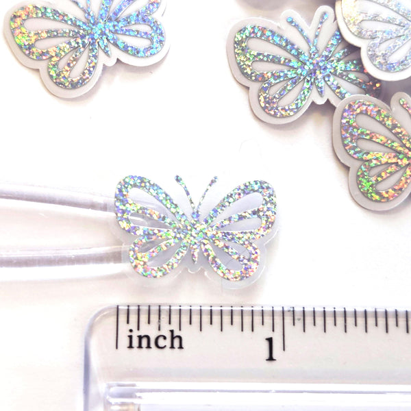 Mini Silver Sparkly Butterfly Stickers, Waterproof Die Cut Vinyl Decals, Peel & Stick, choose amount