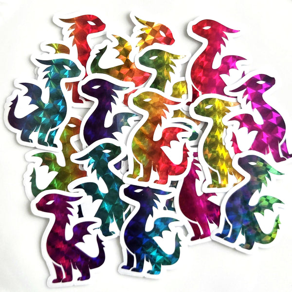 small individual dragon stickers in rainbow colors with a clear outline.