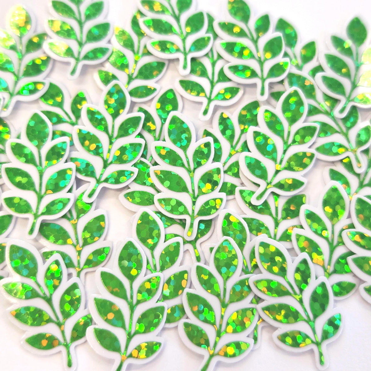 Mini Green Leaf Stickers, 10 Waterproof Die Cut Glitter Vinyl Decals, Peel & Stick, choose amount