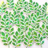 Mini Green Leaf Stickers, 10 Waterproof Die Cut Glitter Vinyl Decals, Peel & Stick, choose amount