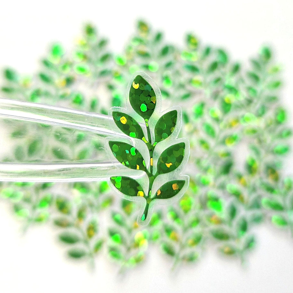 Mini Green Leaf Stickers, 10 Waterproof Die Cut Glitter Vinyl Decals, Peel & Stick, choose amount