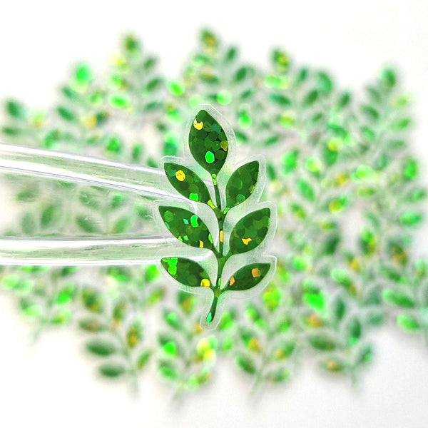 Mini Green Leaf Stickers, 10 Waterproof Die Cut Glitter Vinyl Decals, Peel & Stick, choose amount