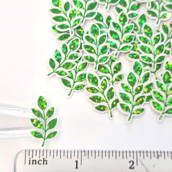 Mini Green Leaf Stickers, 10 Waterproof Die Cut Glitter Vinyl Decals, Peel & Stick, choose amount