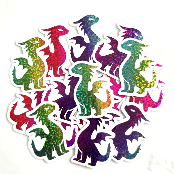 Mini Rainbow Dragon Stickers, Die Cut Glitter Vinyl Decals, Peel & Stick, choose amount.