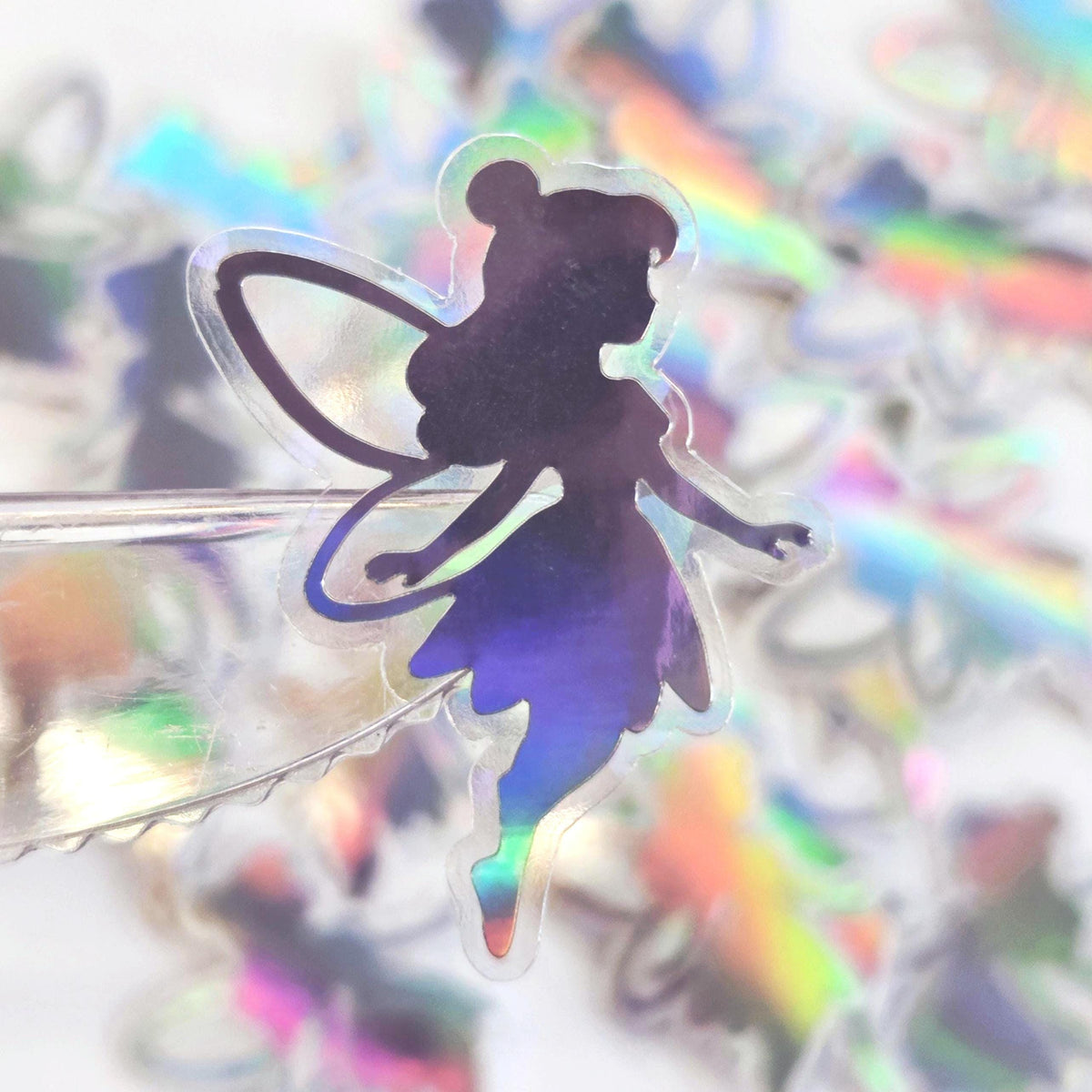 Mini Fairy Stickers, set of 10 or more, iridescent silver Die-Cut Vinyl Decals, Peel & Stick, choose amount.