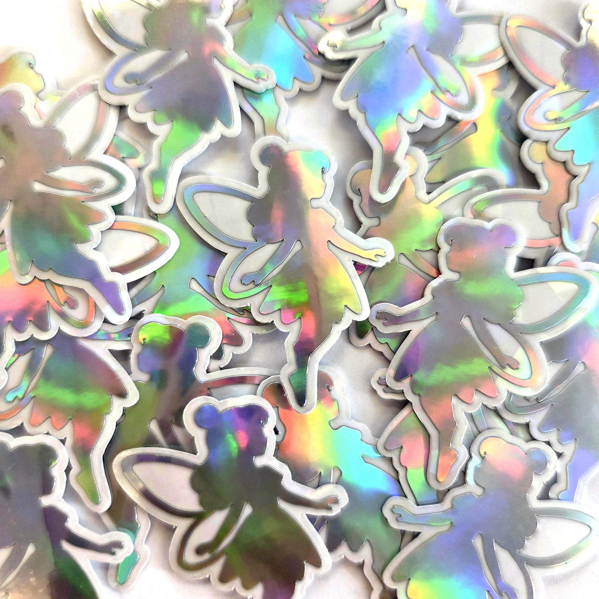 Mini Fairy Stickers, set of 10 or more, iridescent silver Die-Cut Vinyl Decals, Peel & Stick, choose amount.