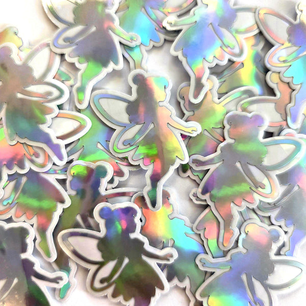 Mini Fairy Stickers, set of 10 or more, iridescent silver Die-Cut Vinyl Decals, Peel & Stick, choose amount.