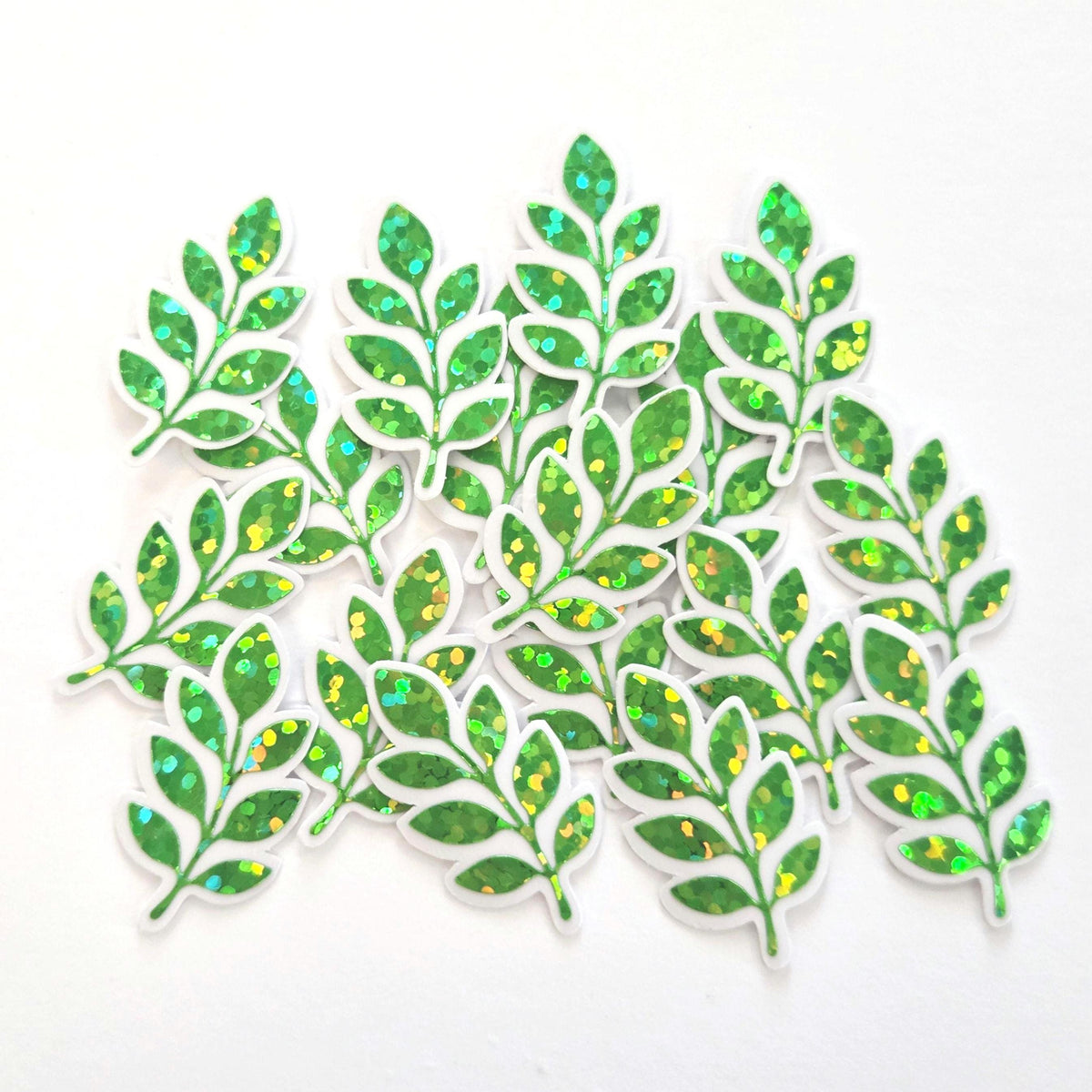 Mini Green Leaf Stickers, 10 Waterproof Die Cut Glitter Vinyl Decals, Peel & Stick, choose amount