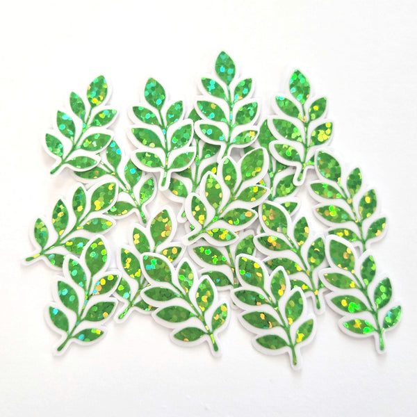Mini Green Leaf Stickers, 10 Waterproof Die Cut Glitter Vinyl Decals, Peel & Stick, choose amount